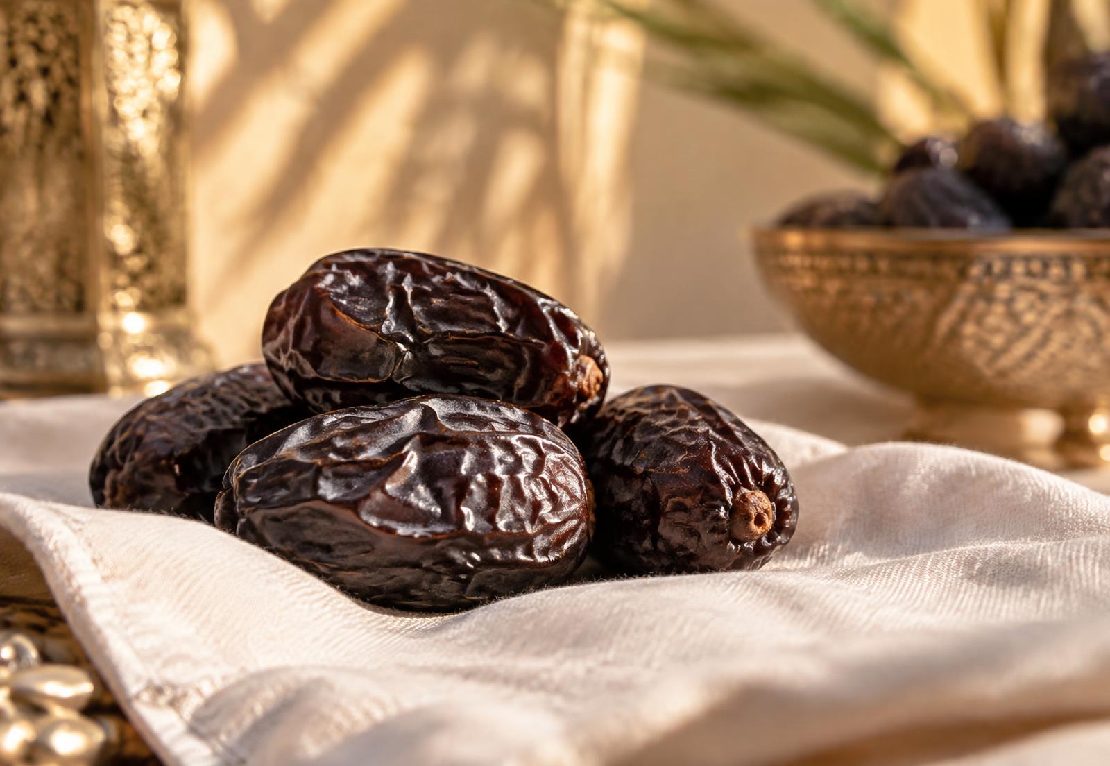 Ajwa dates on cream linen